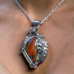 VTG Gorgeous Unique Lg 925 Solid Sterling Moss Agate Necklace